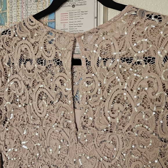 3 for $30! SALE Marina Lace Sequined Illusion Blush Sheath Bell Sleeve Dress - Picture 7 of 13